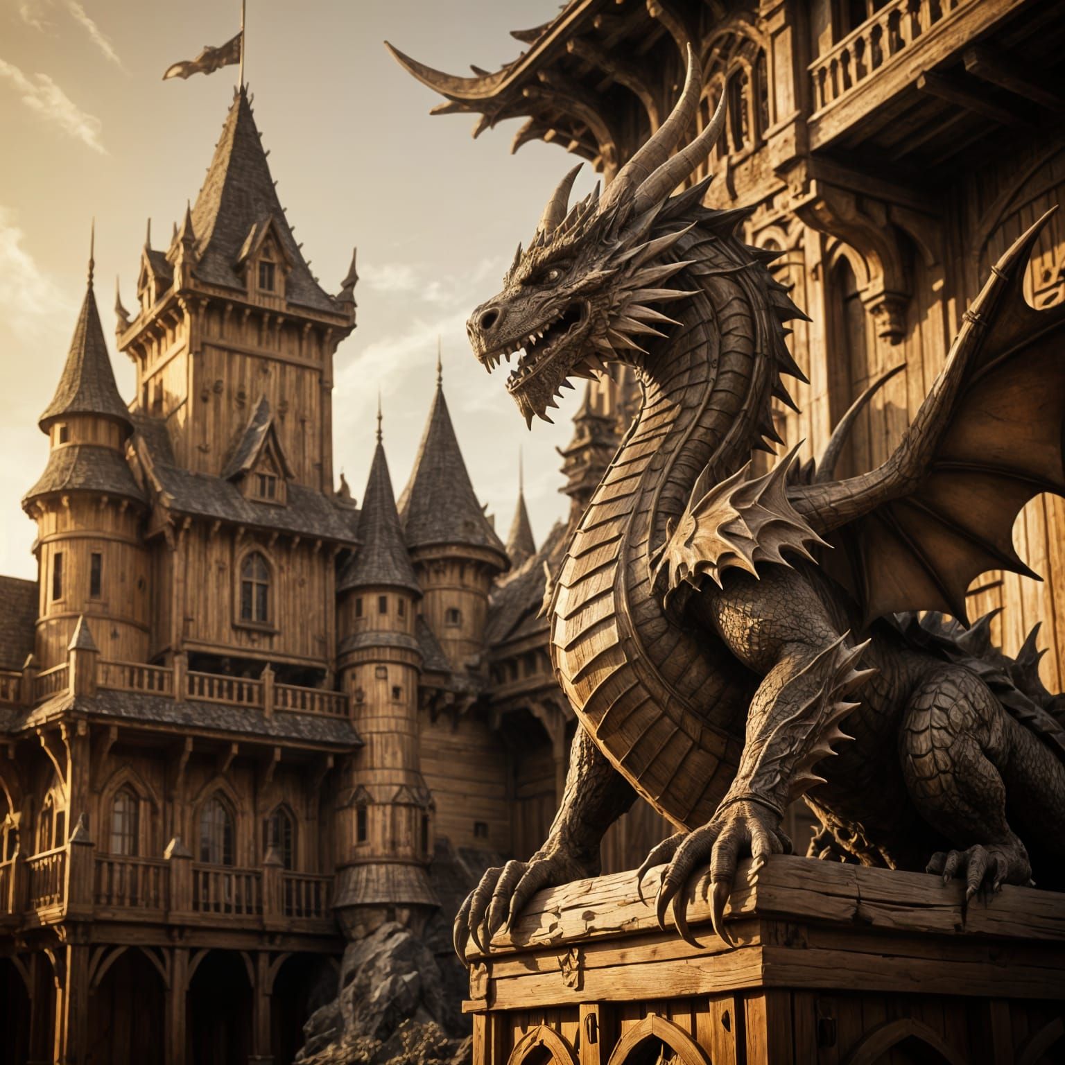 Epic Wooden Dragon Castle in Sepia Tones