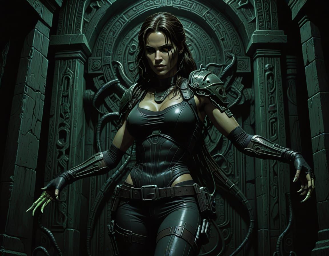 Lara Croft in a Bio-Mechanical Tomb, Dark Fantasy Comic Art