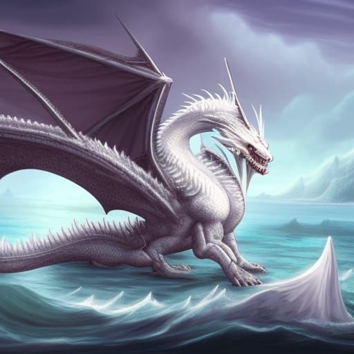 White Dragon Over Orc Ship: D&D Style Art