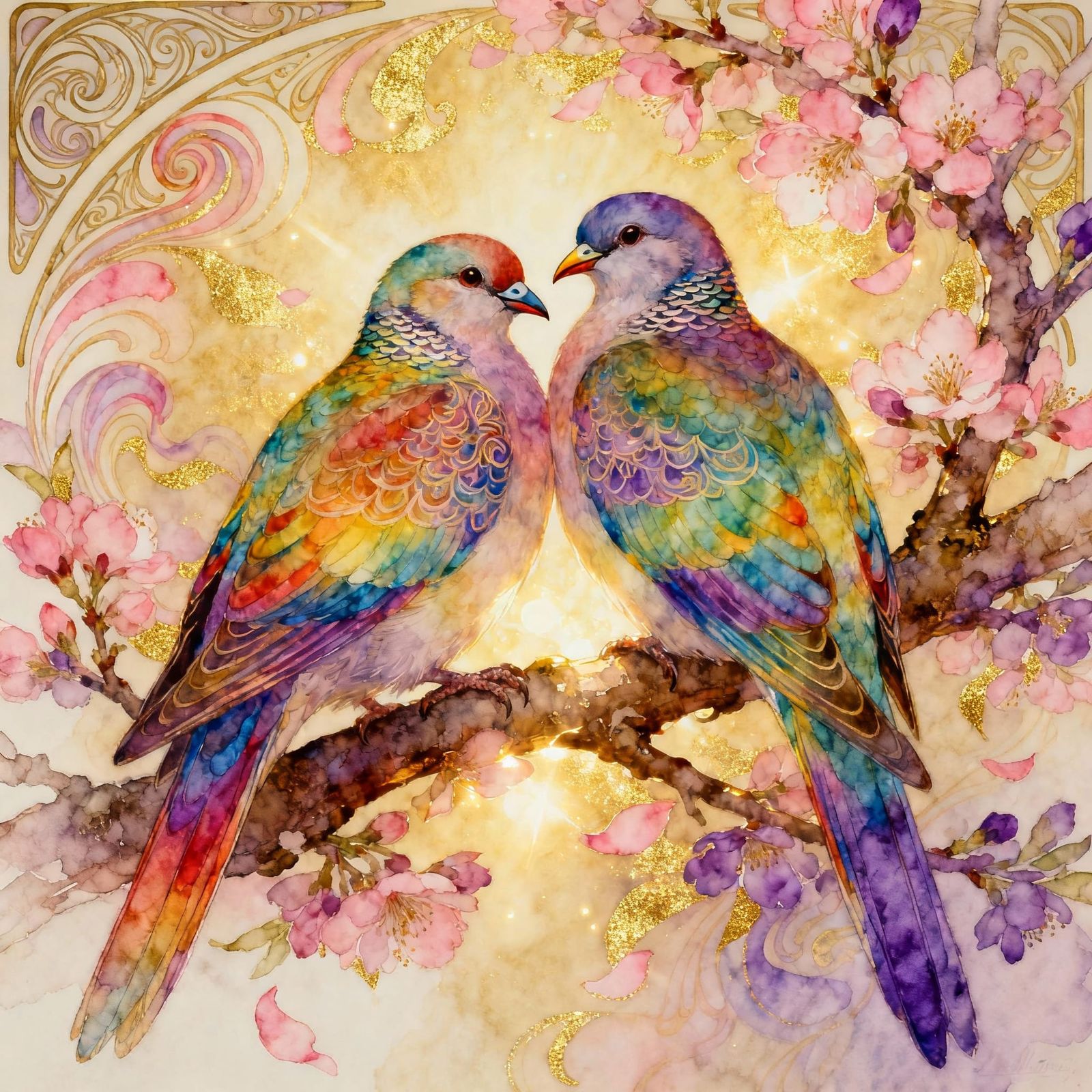 Vibrant Birds on Blossoming Branch in Dreamlike Atmosphere
