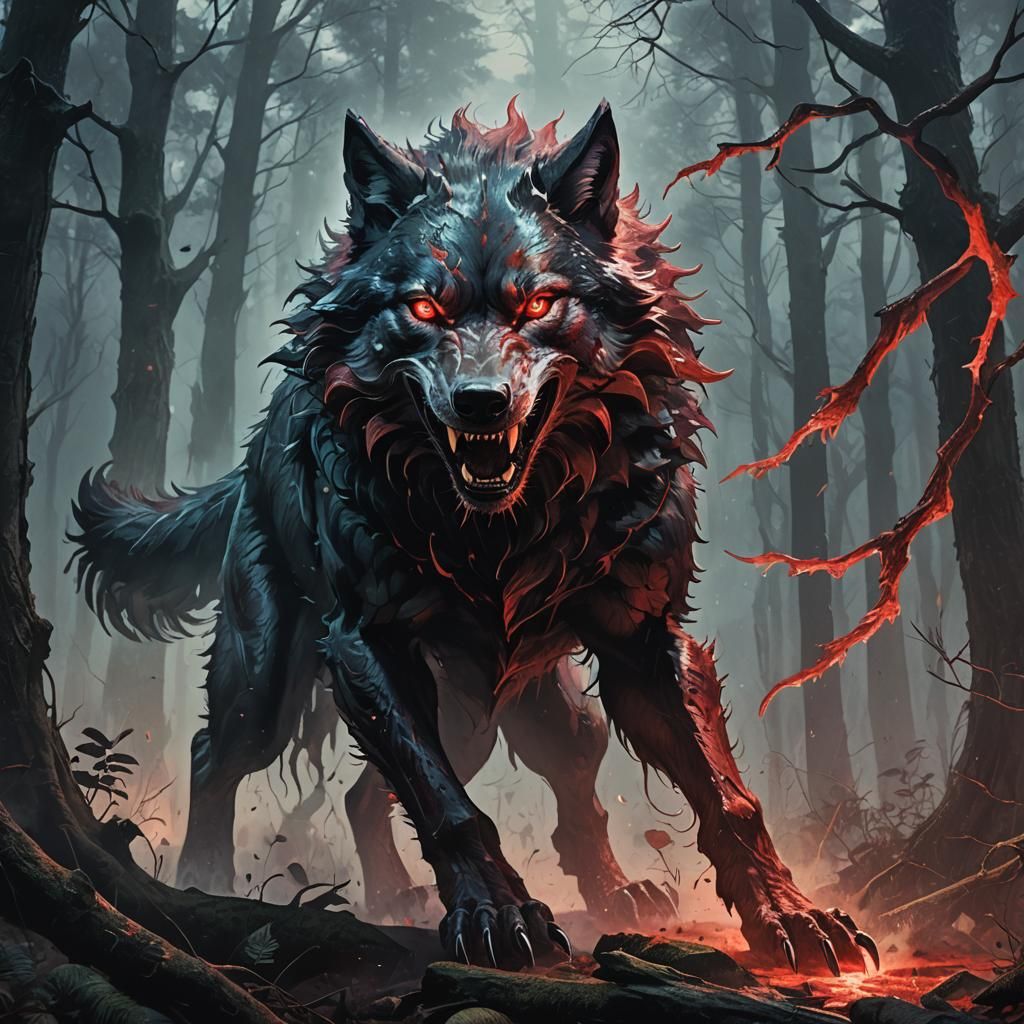 Scarlet Horror Wolf Attack in Misty Forest