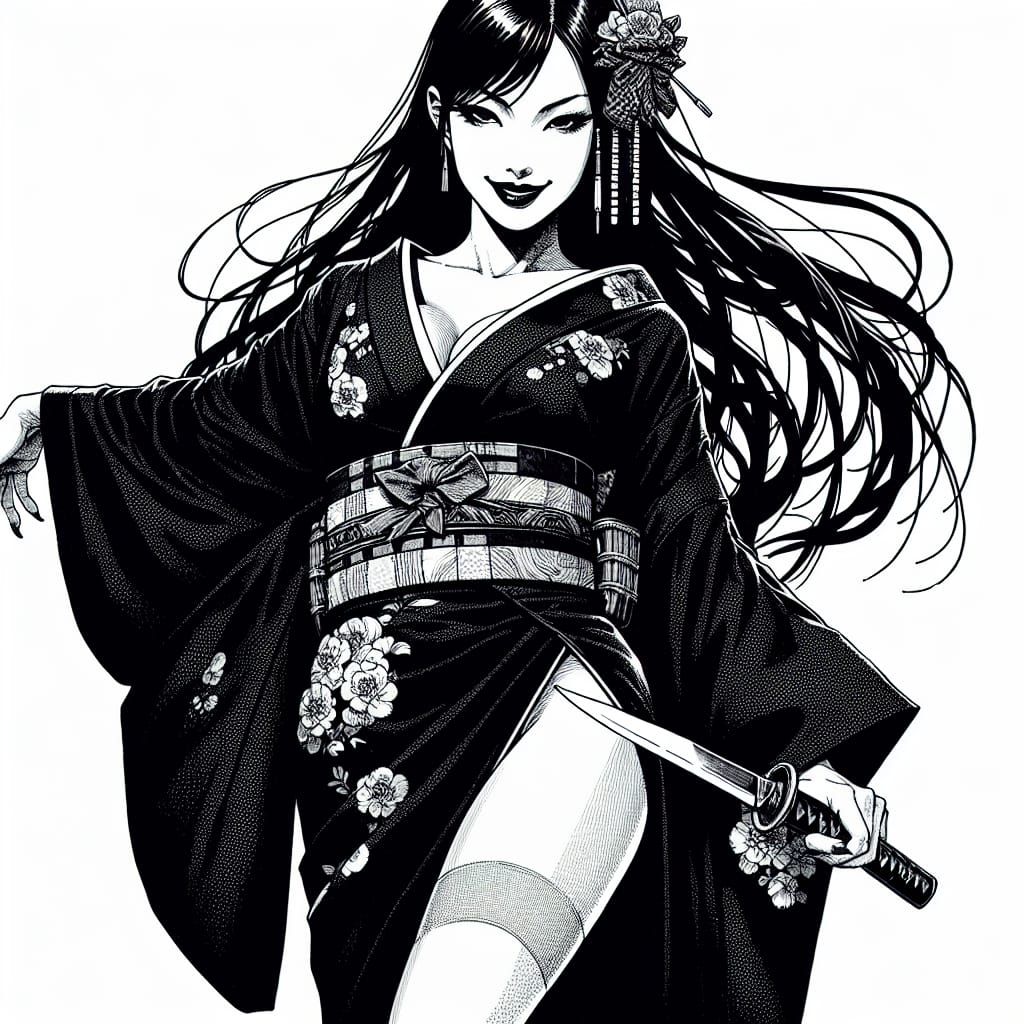 Edo-Inspired Ink Drawing of Woman with Knife