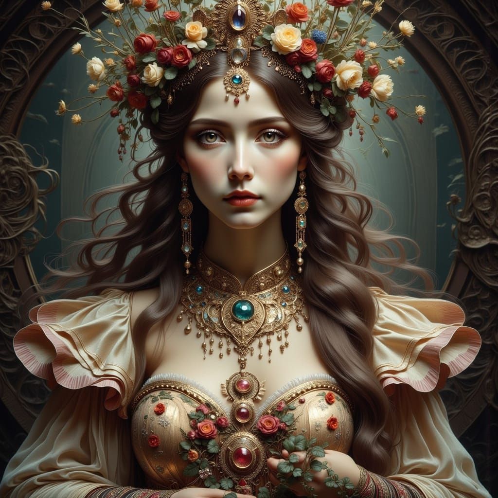 Ornate Noblewoman with Nature Crown in Ethereal Fantasy Styl...