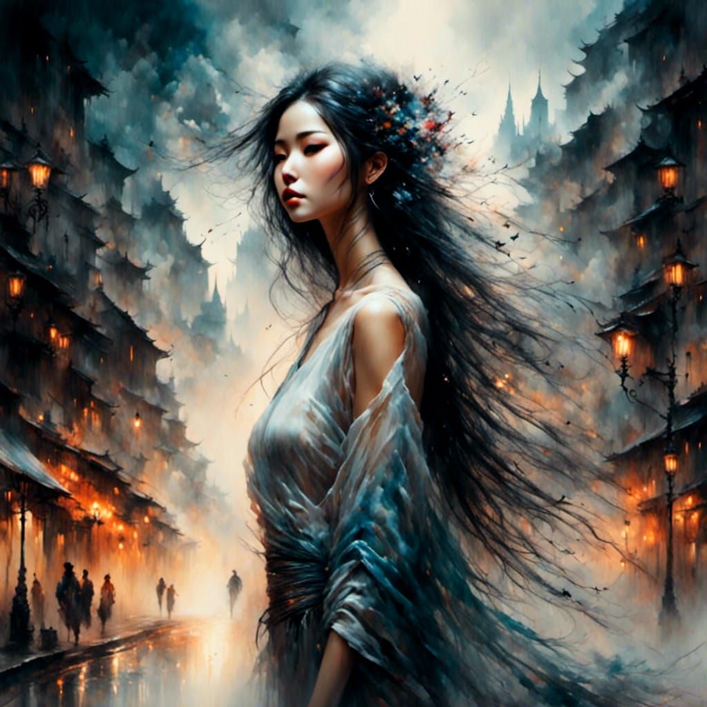 Ethereal Asian Female Portrait in Cyberpunk Style