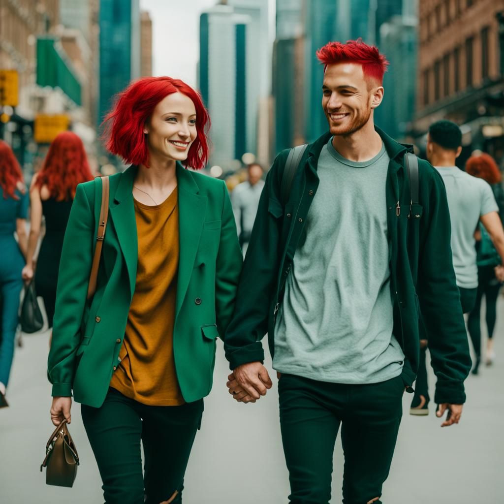 Couple with Green and Red Hair in City
