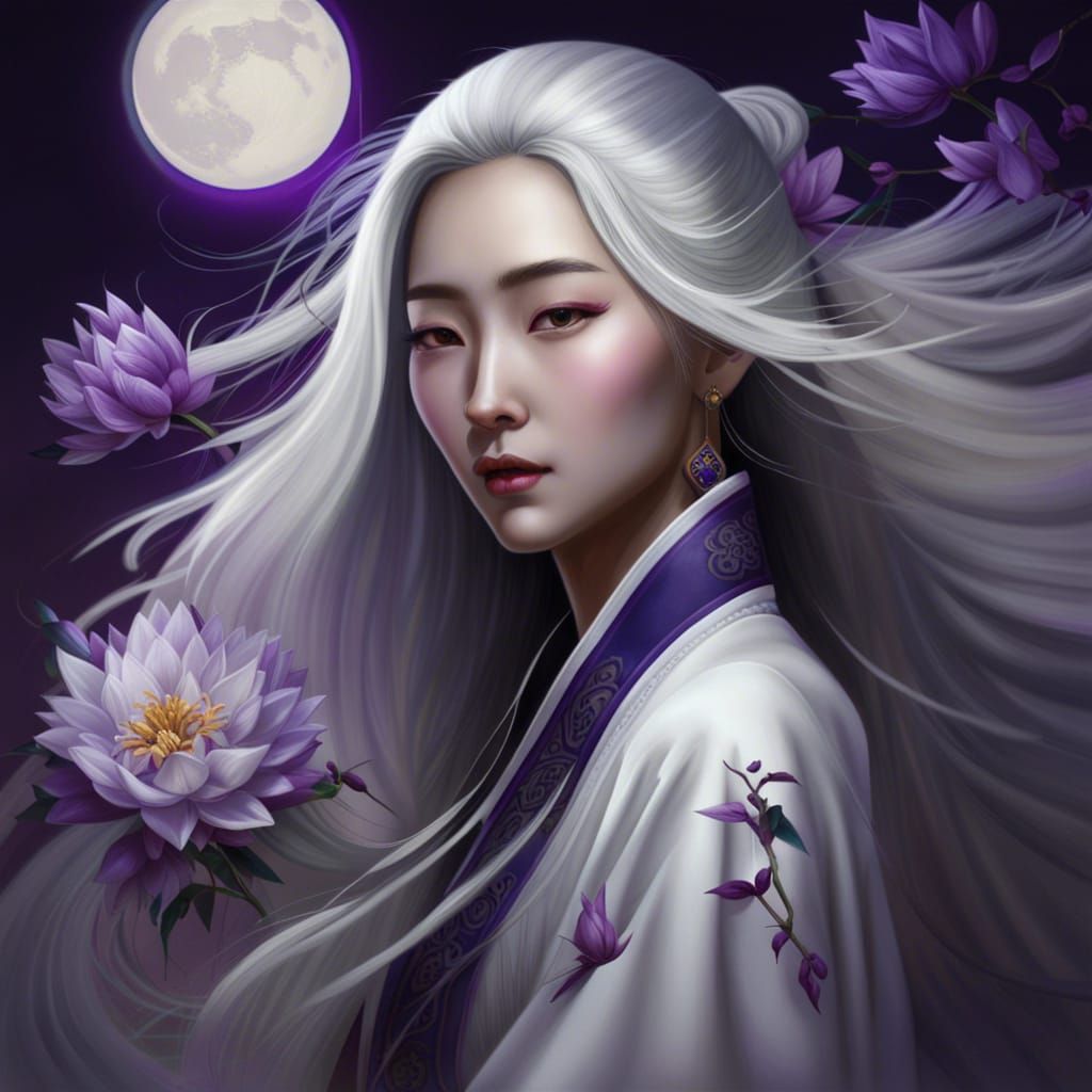 Chinese Woman in Traditional Dress with Purple Flowers