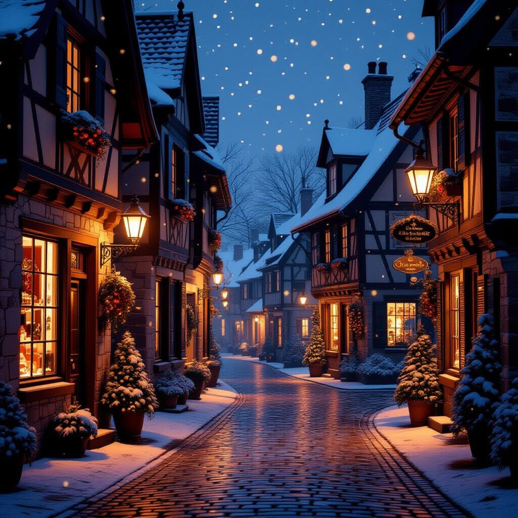 European Village Christmas Eve Snowfall