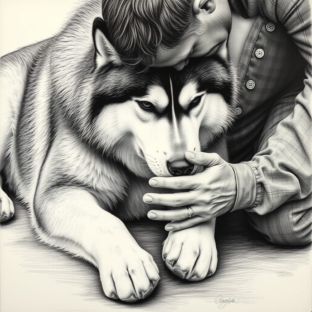 Majestic Alaskan Malamute and Devoted Man in Intimate Charco...