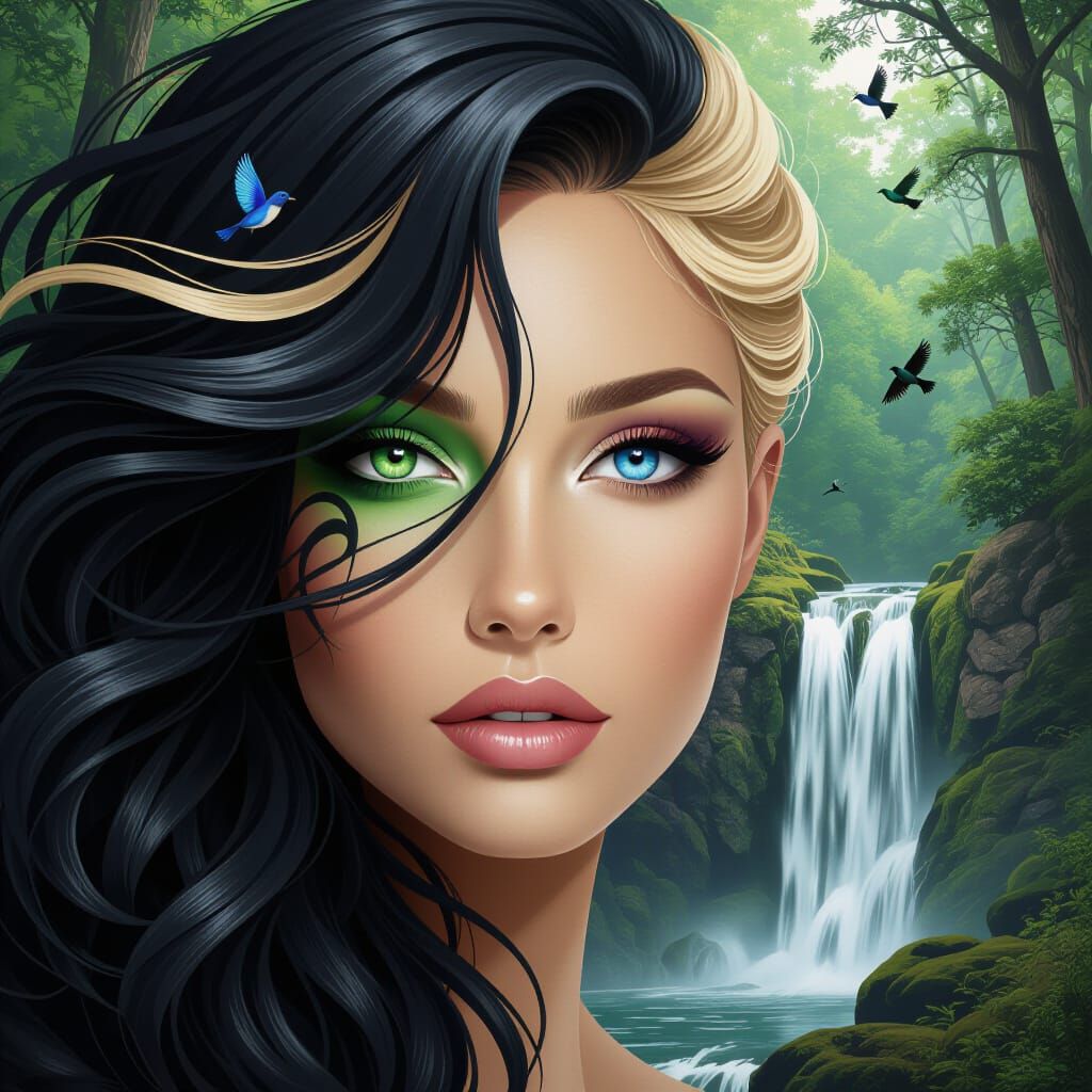 Surreal Woman's Face with Mismatched Eyes in Nature