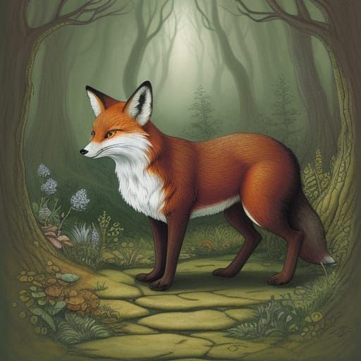 Anthropomorphic Fox with Boot at Magical Burrow Entrance