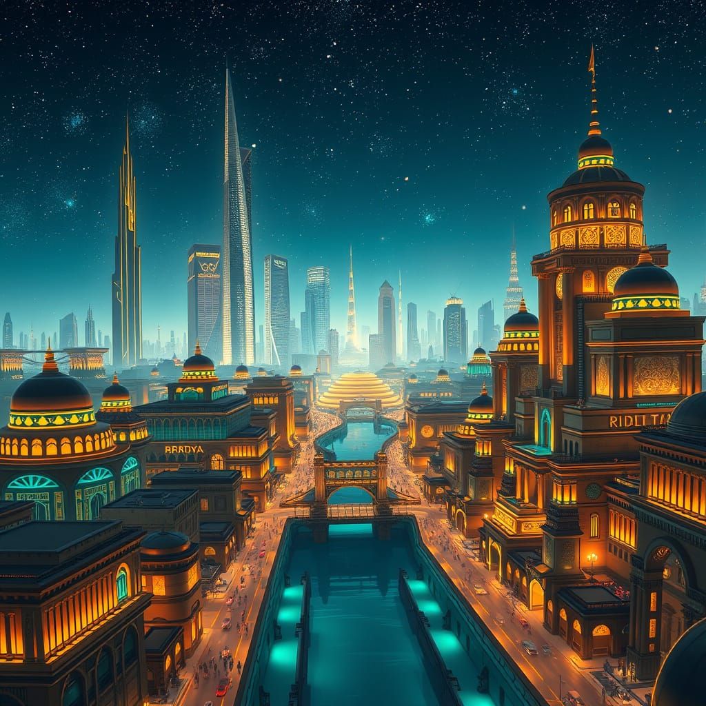 Futuristic Egyptian Cityscape at Night