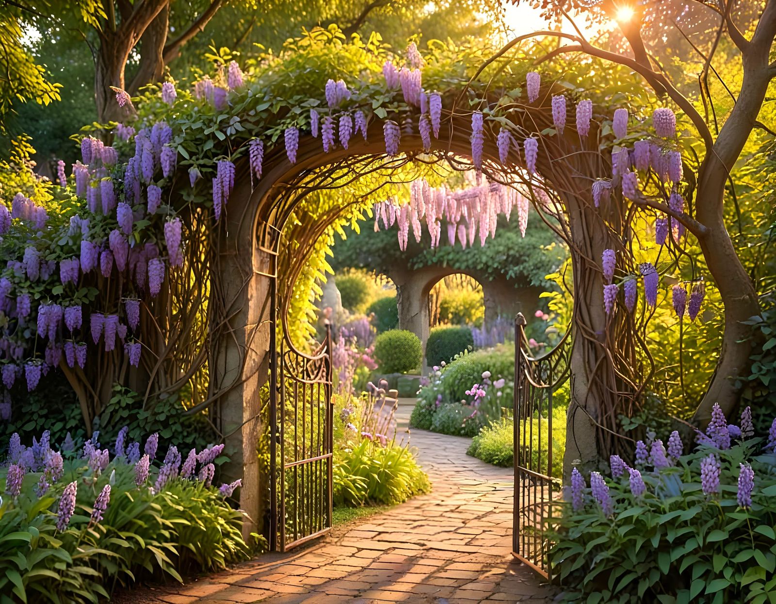 Whimsical Garden Gate in Enchanted Violet Twilight