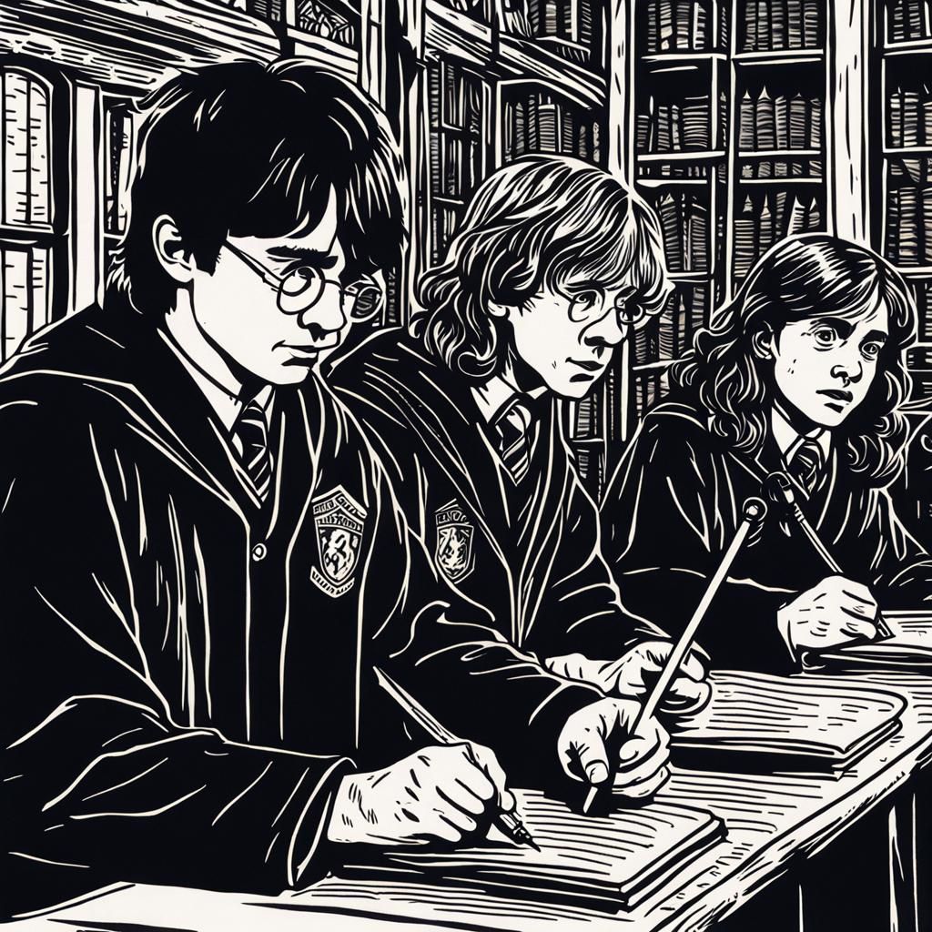 Close up Linocut of Harry potter, ron Weasley and Hermione granger alone in a classroom at hogworts school of witchcraft...