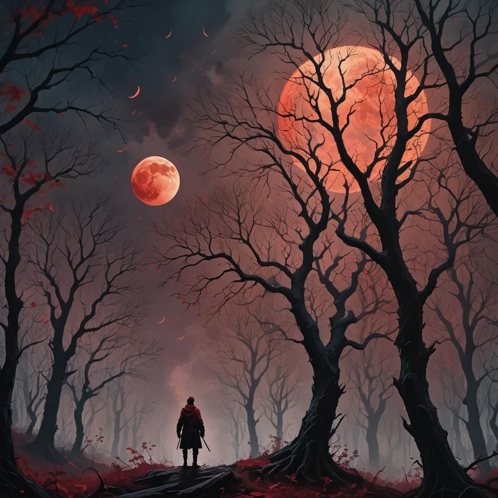Mystical Forest Under Blood Moon: Oil Painting