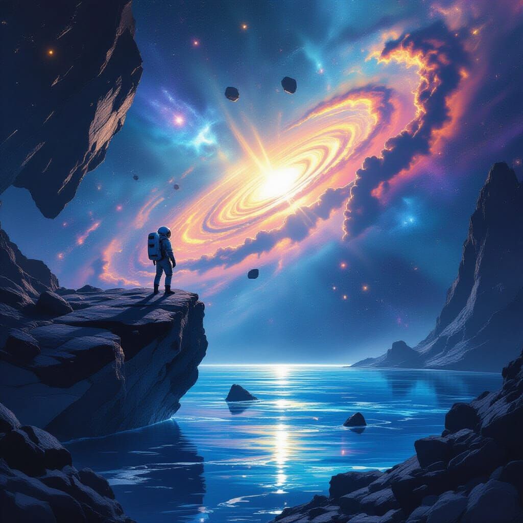 Astronaut on Shattered Asteroid in Galactic Ocean