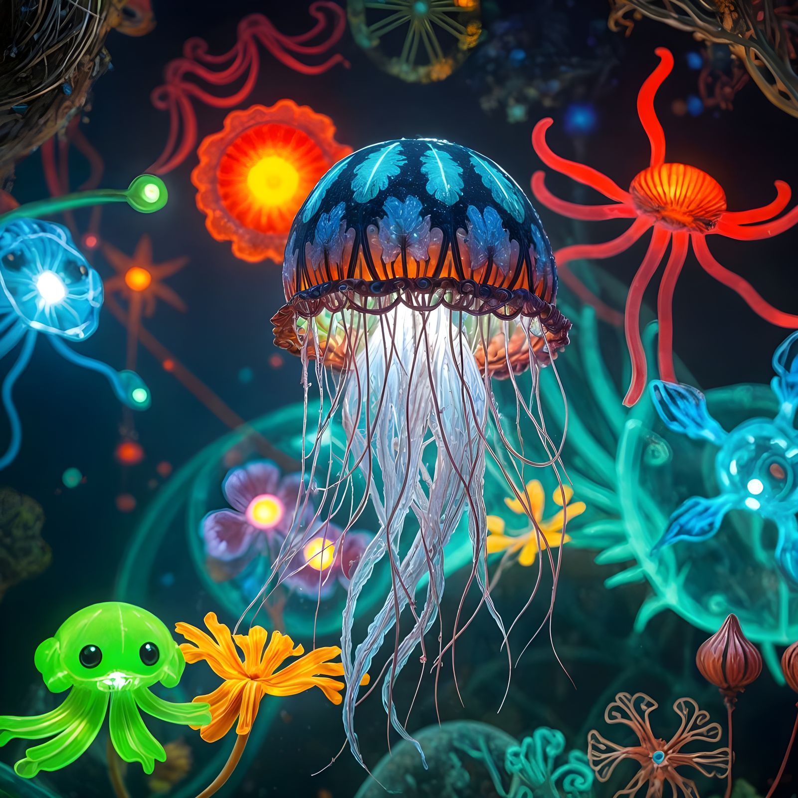 Bioluminescent Jellyfish in Neon Grotto, Art Nouveau Style