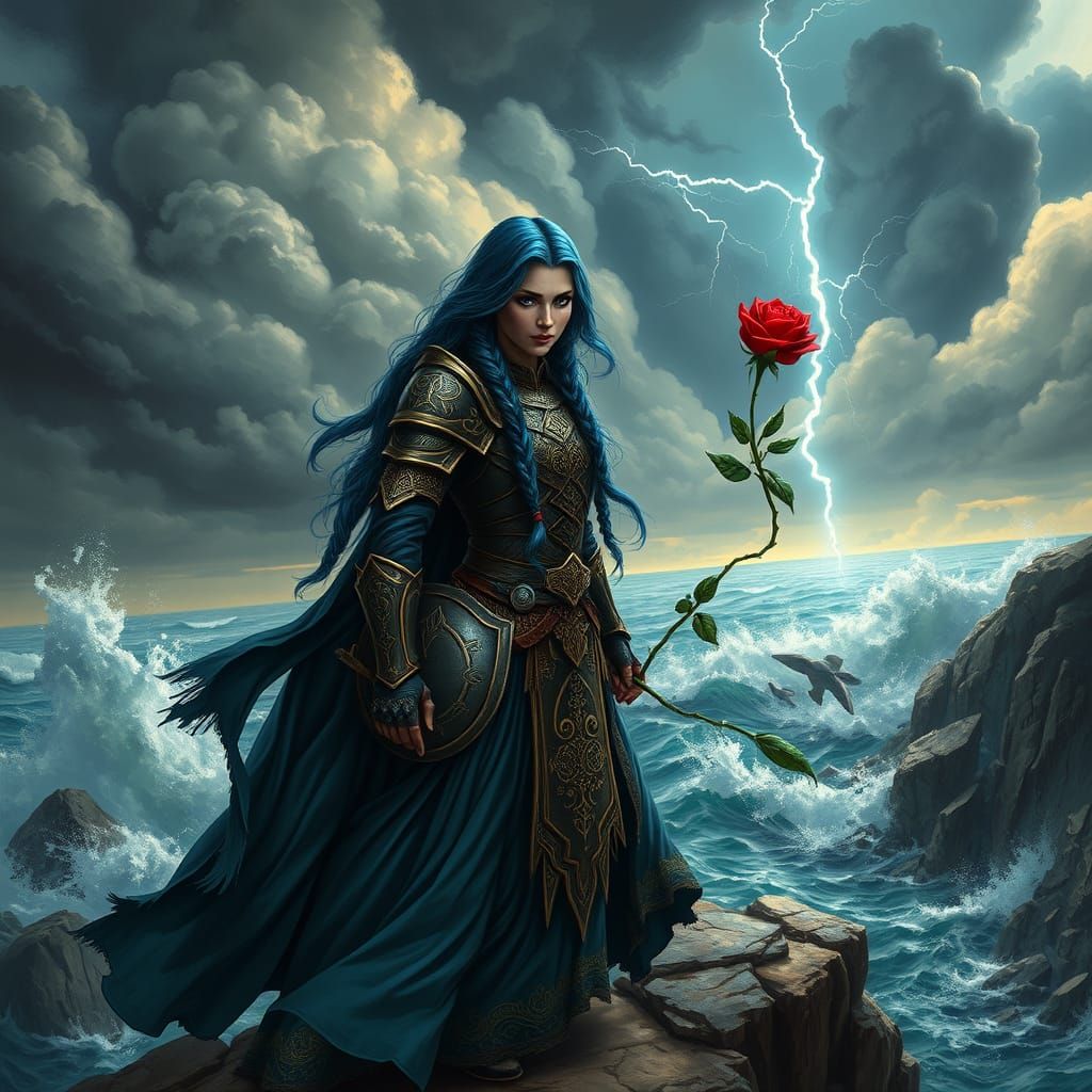 Warrior Queen on Cliff, Emerald Eyes, Braided Blue Hair