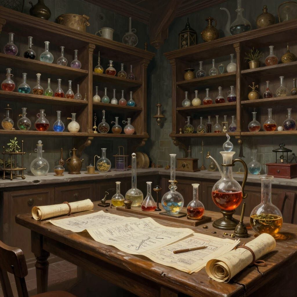Alchemist's Laboratory Interior With Bubbling Flasks
