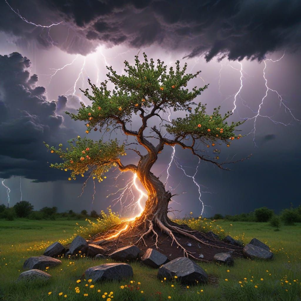 Victorian Gothic Tree Lightning Bolt Illuminates Colorful Bi...