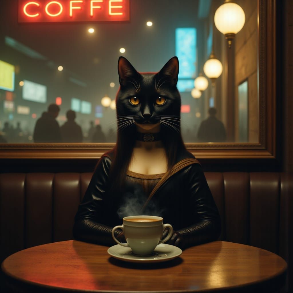 Cyberpunk Mona Lisa Cat in Coffee Shop
