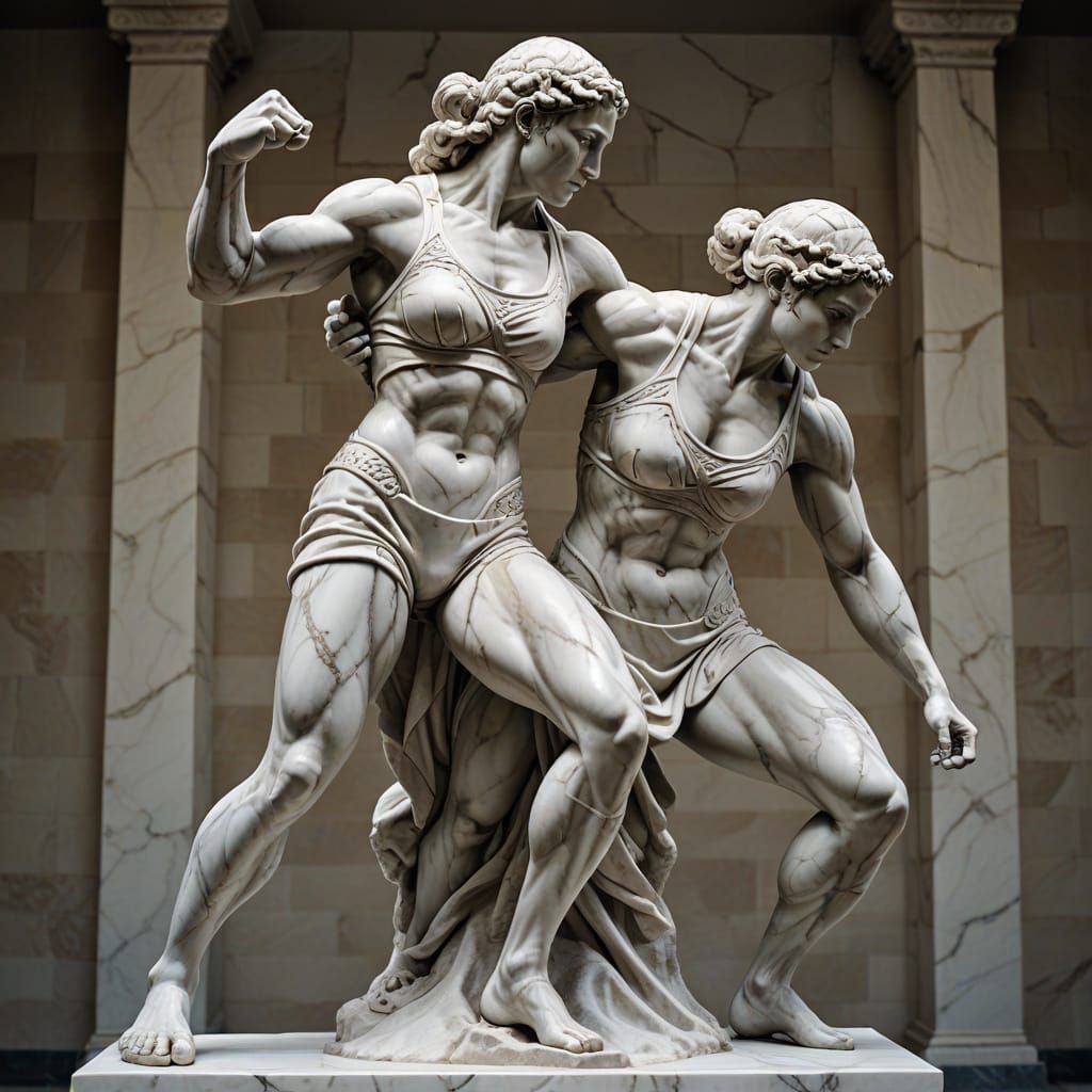 Female greco wrestlers marble statue