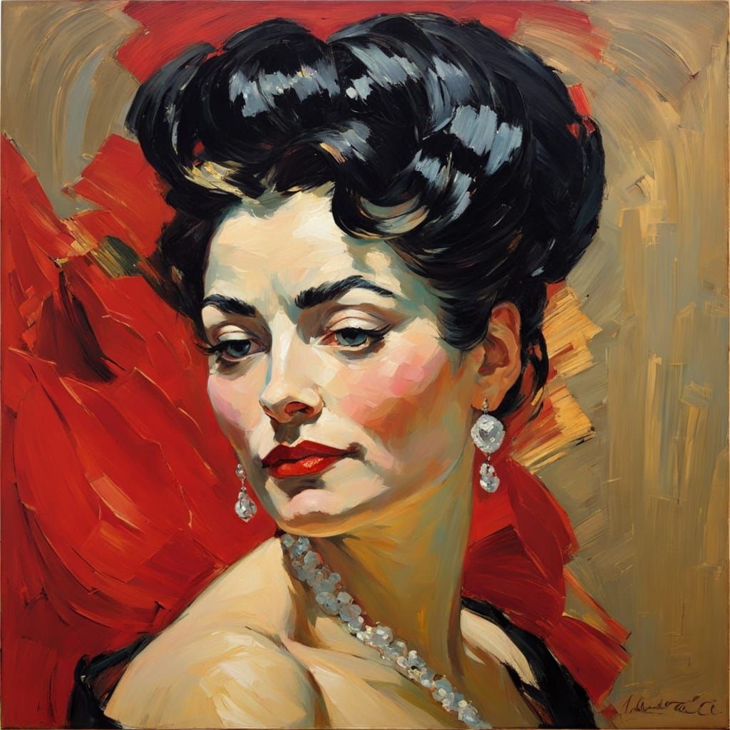 Elegant Woman in Red Gown: Impasto Oil Portrait