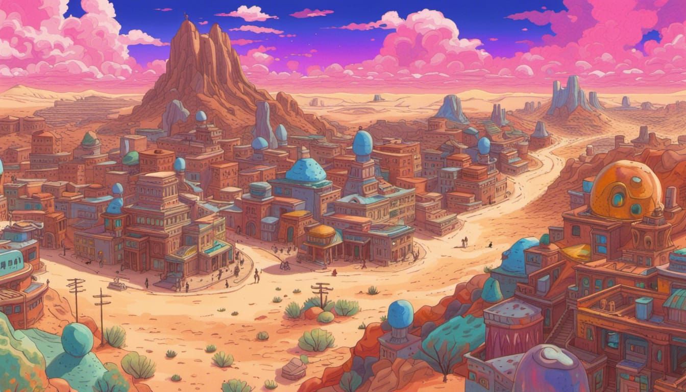 Studio Ghibli Desert Ghost Town in Holographic Style