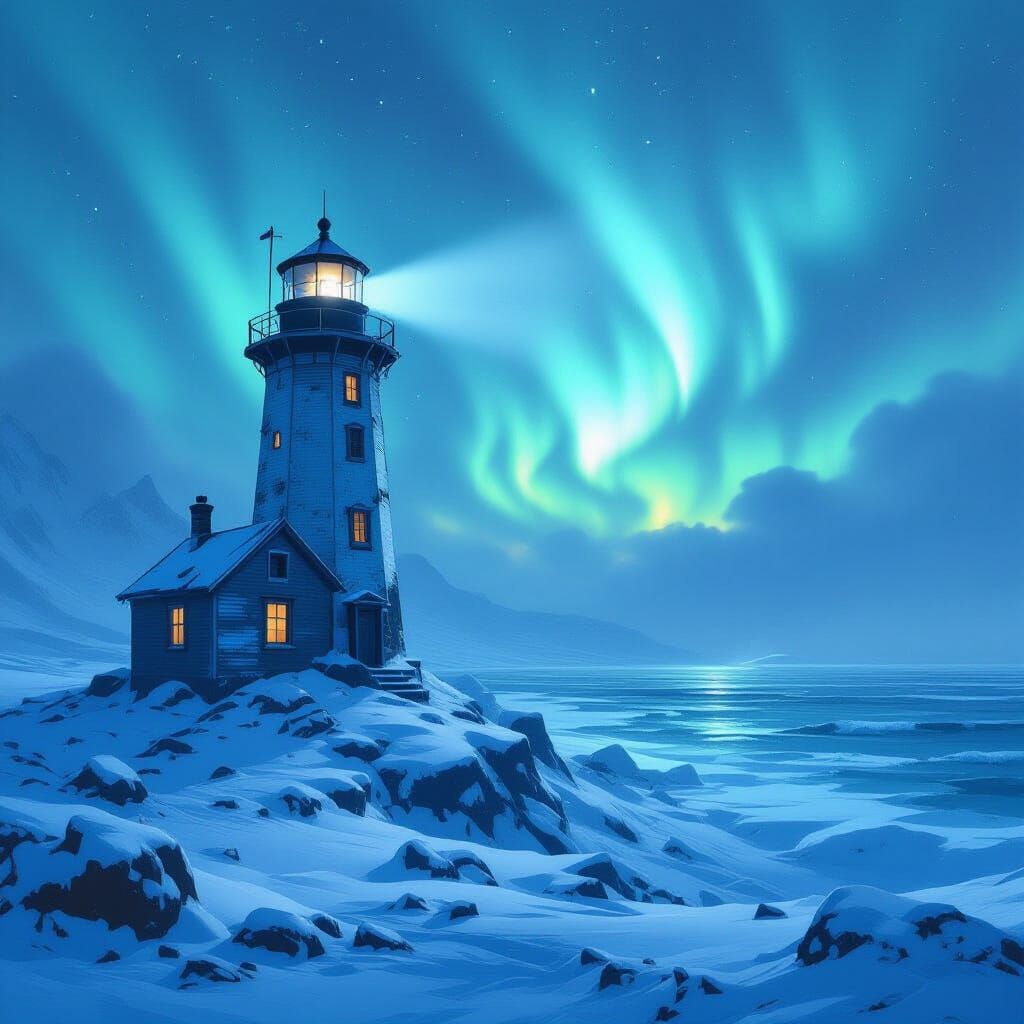 Frostbitten Island Lighthouse Under Aurora Borealis