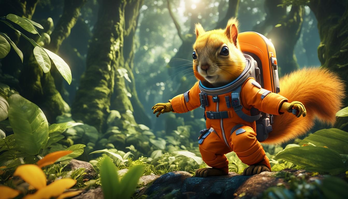 Squirrel Astronaut in Jungle, 3D Game Art