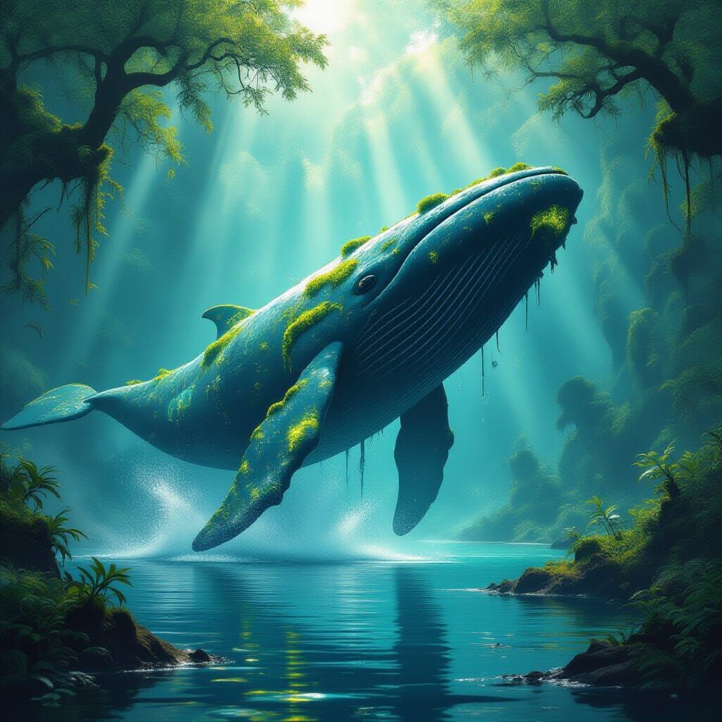 Ancient Whale Breaches Misty Forest Lake with Glowing Runes