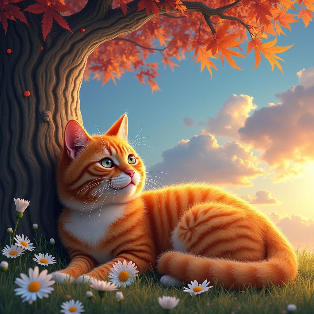 Ginger Cat Loafing Among Diamonds and Daisies