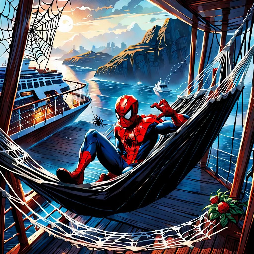 Spider-Man Relaxing on Cruise Ship Deck: Comic Art