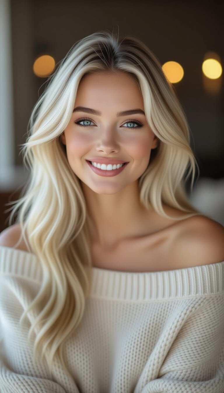 Stunning Woman with Platinum Hair in Soft Lighting