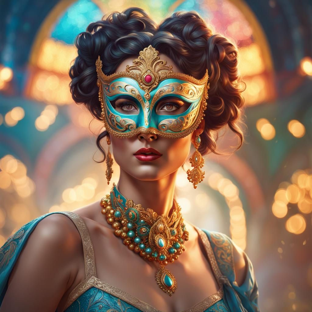 Woman in Carnival Mask, Hyperdetailed Portrait