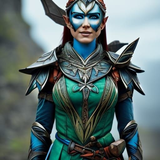Hyperrealistic Wood Elf with Bow and Blue Face Paint