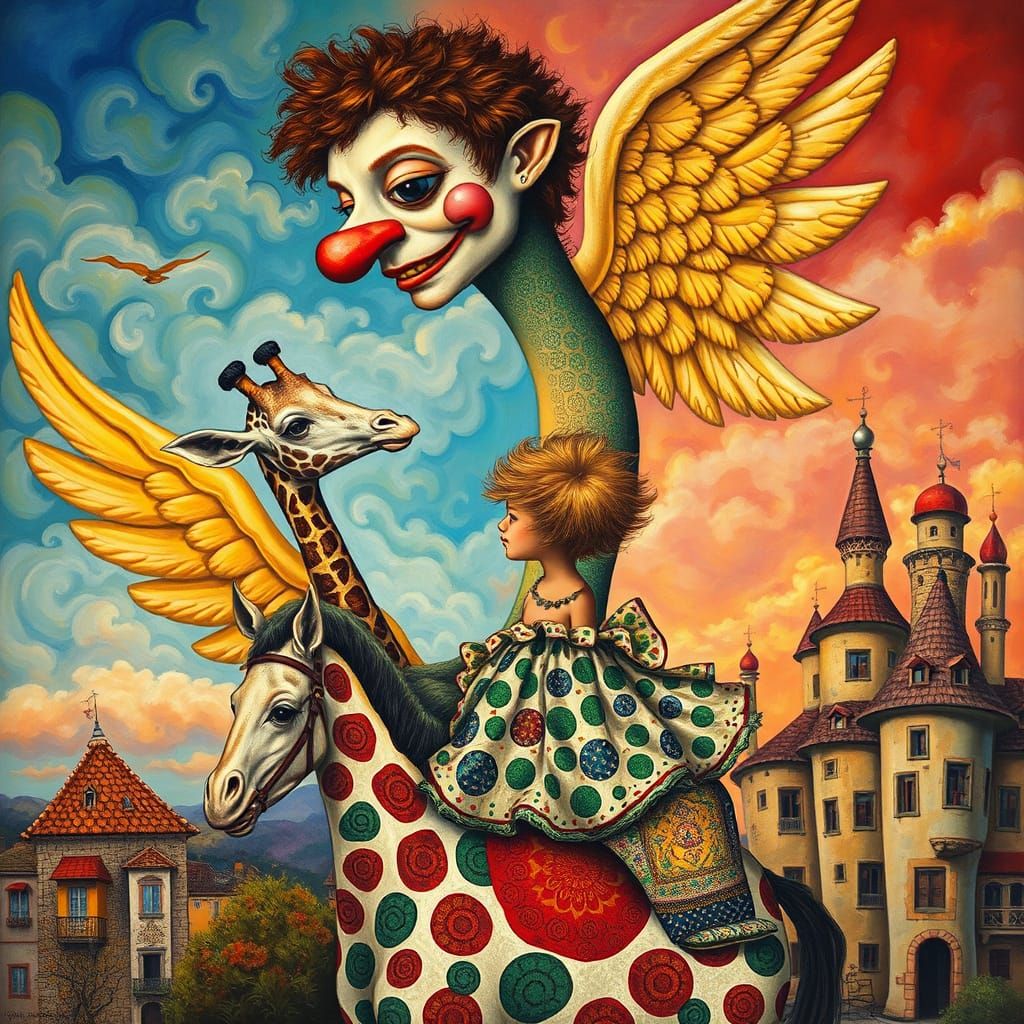 Giant Clown Angel and Giraffe Painting in Hundertwasser Styl...