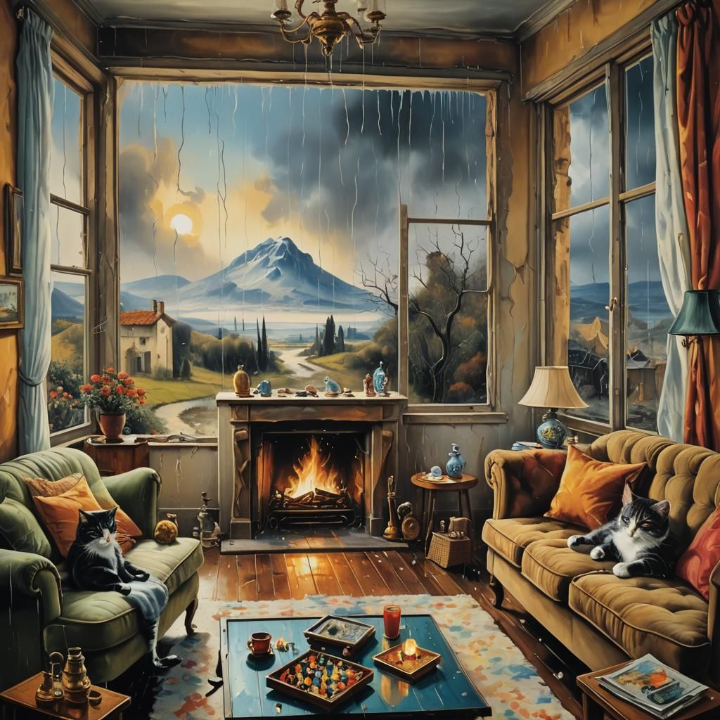 Cozy Rainy Day in a Surrealist Style