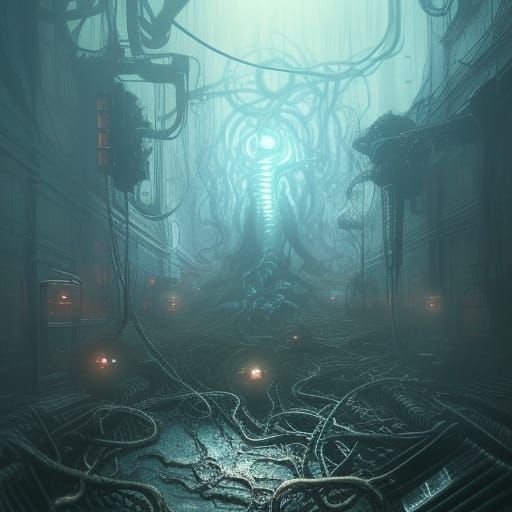 Eldritch Bio-punk Organic Technology in Dark Fantasy Style