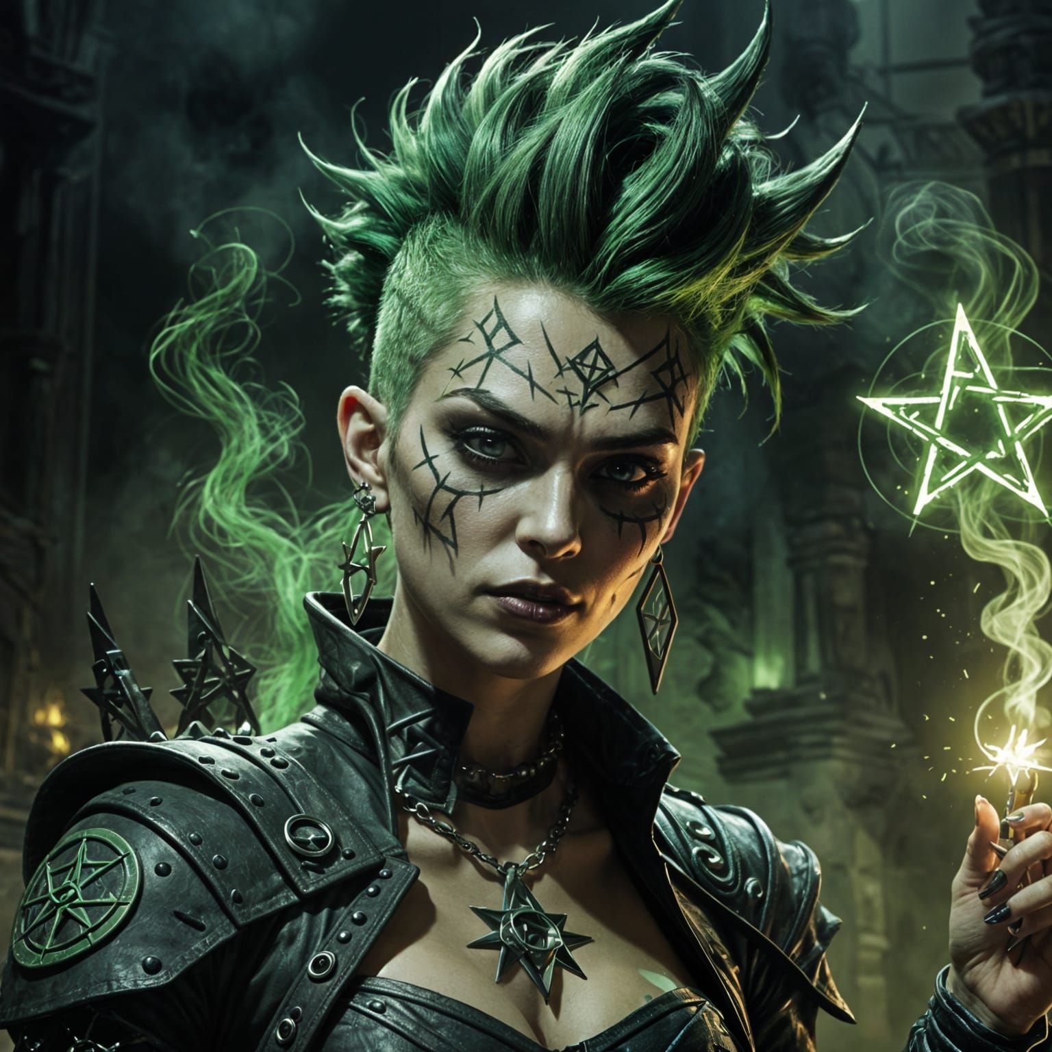 Punk Witch Draws Glowing Pentagram in Cyberpunk Style