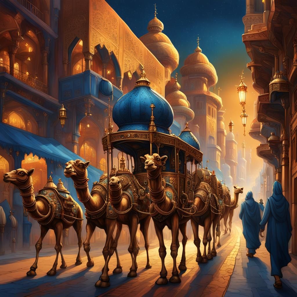 Steampunk Arabian Cityscape with Cyborg Camels