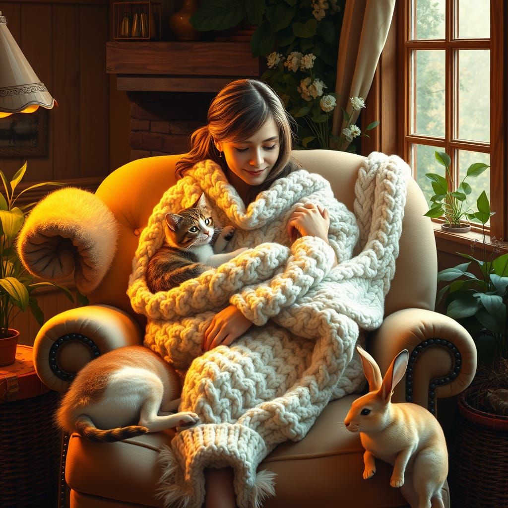 Cozy Whimsy: Woman Surrounded by Pets in Rustic Haven