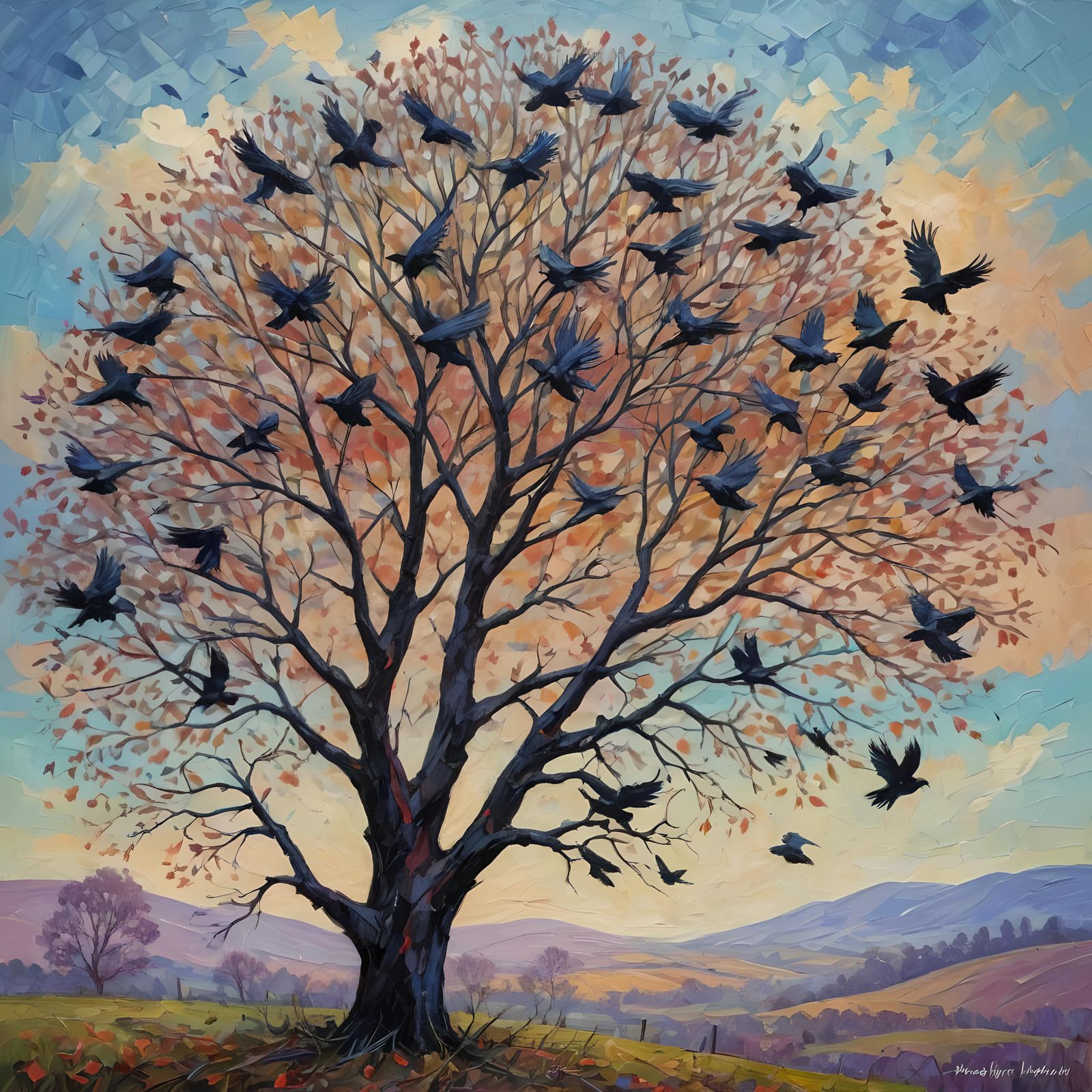 Crows in Flight: Expressionist Oil Painting
