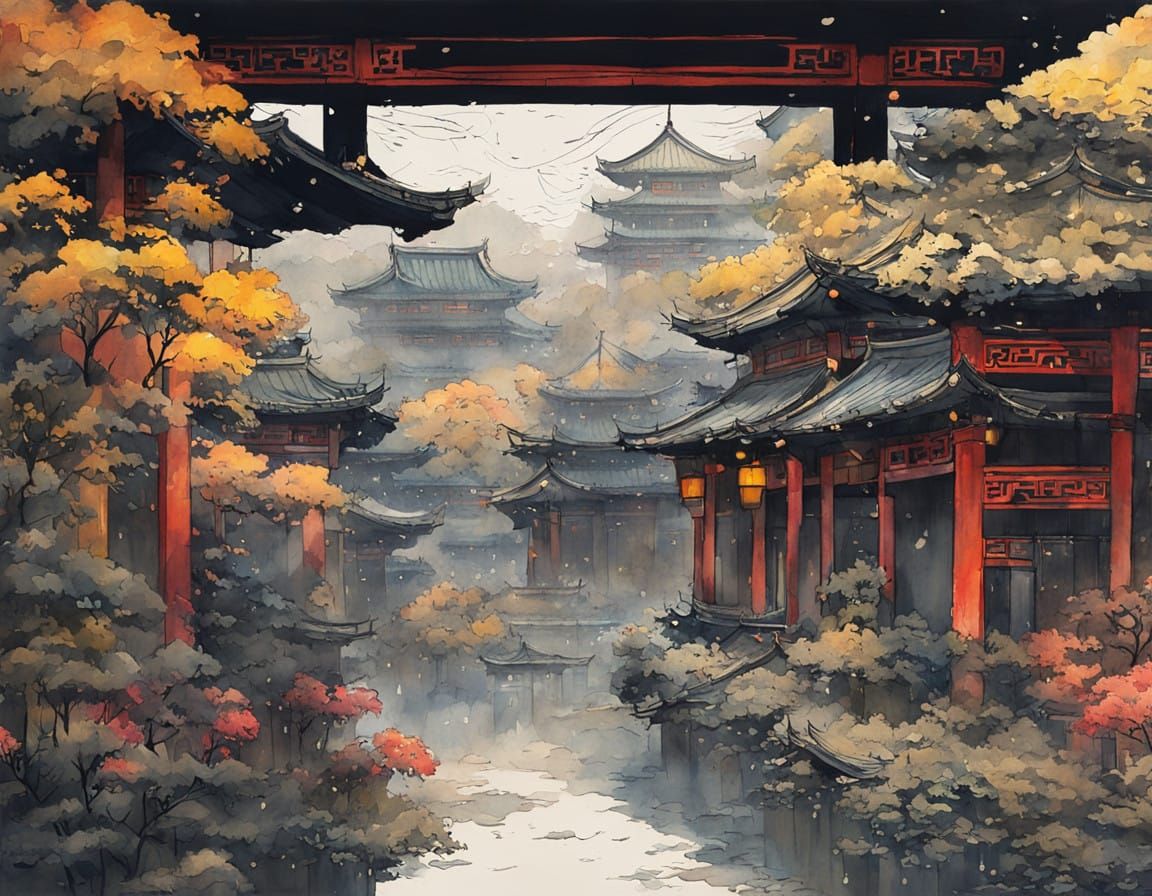 East Asian-Inspired Watercolor Painting on Textured Canvas