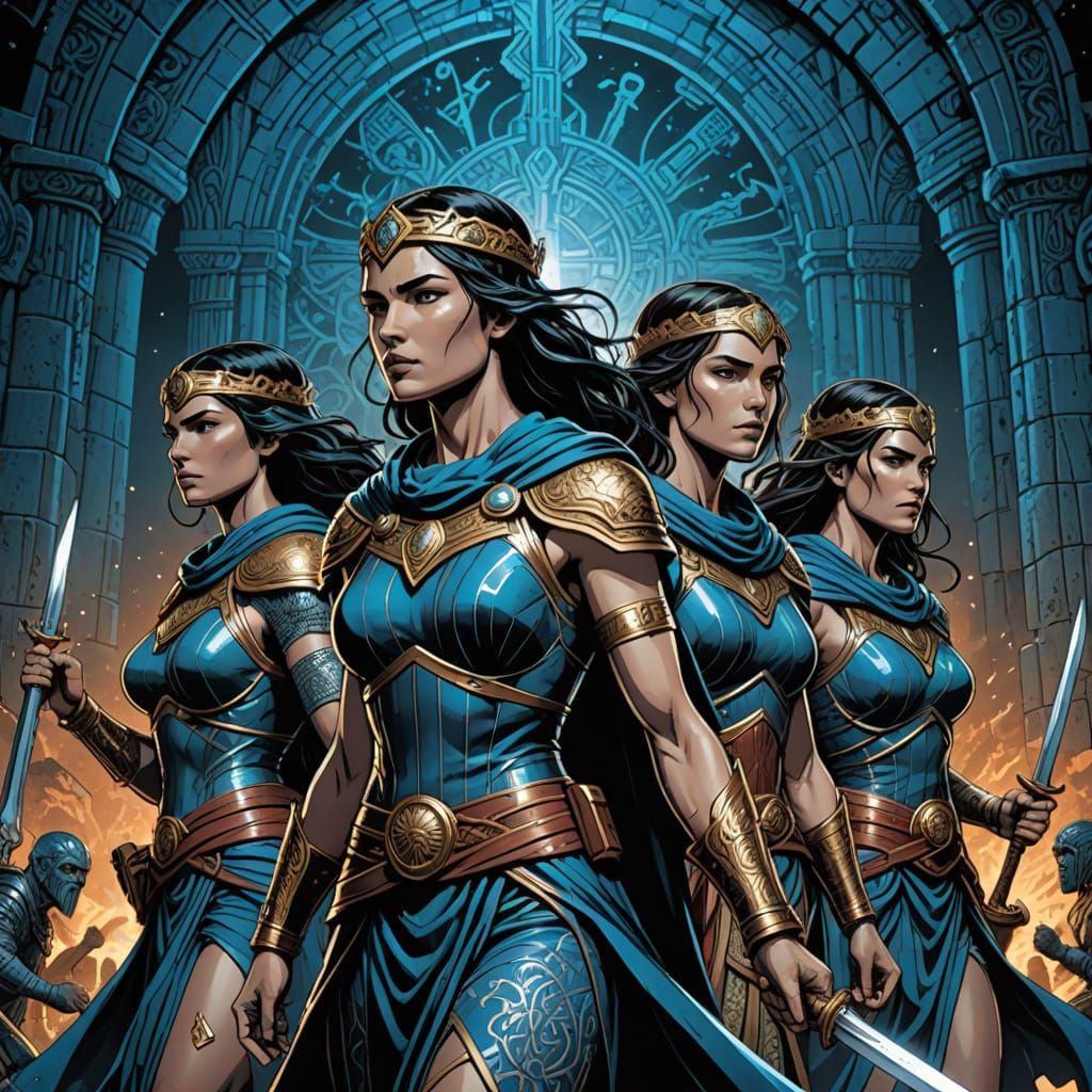 Epic Mycenean Women Comic Book Cover Art in Dynamic Style
