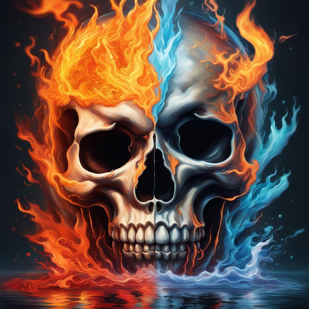 Flaming Skull Yin Yang: Hyperrealistic Splash Art