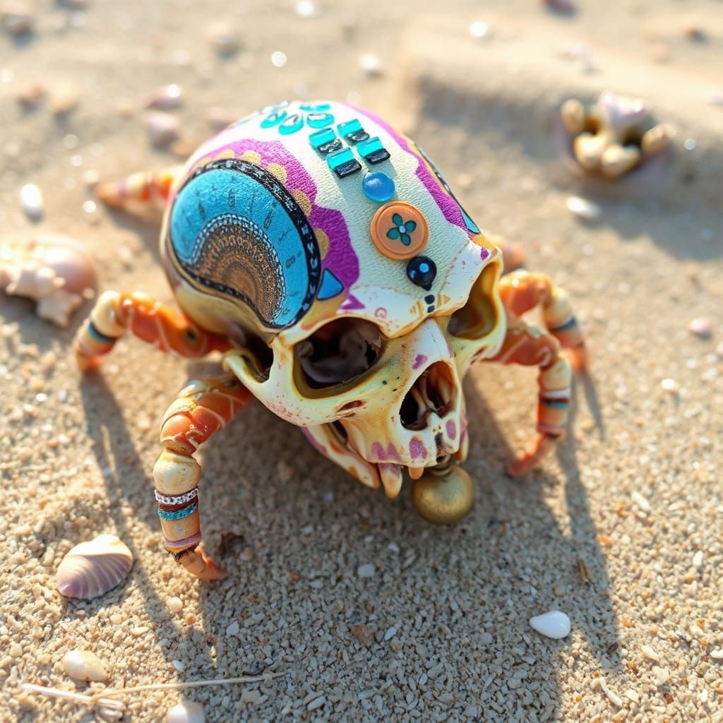 Psychedelic Hermit Crab Adorns Ornate Skull Shell