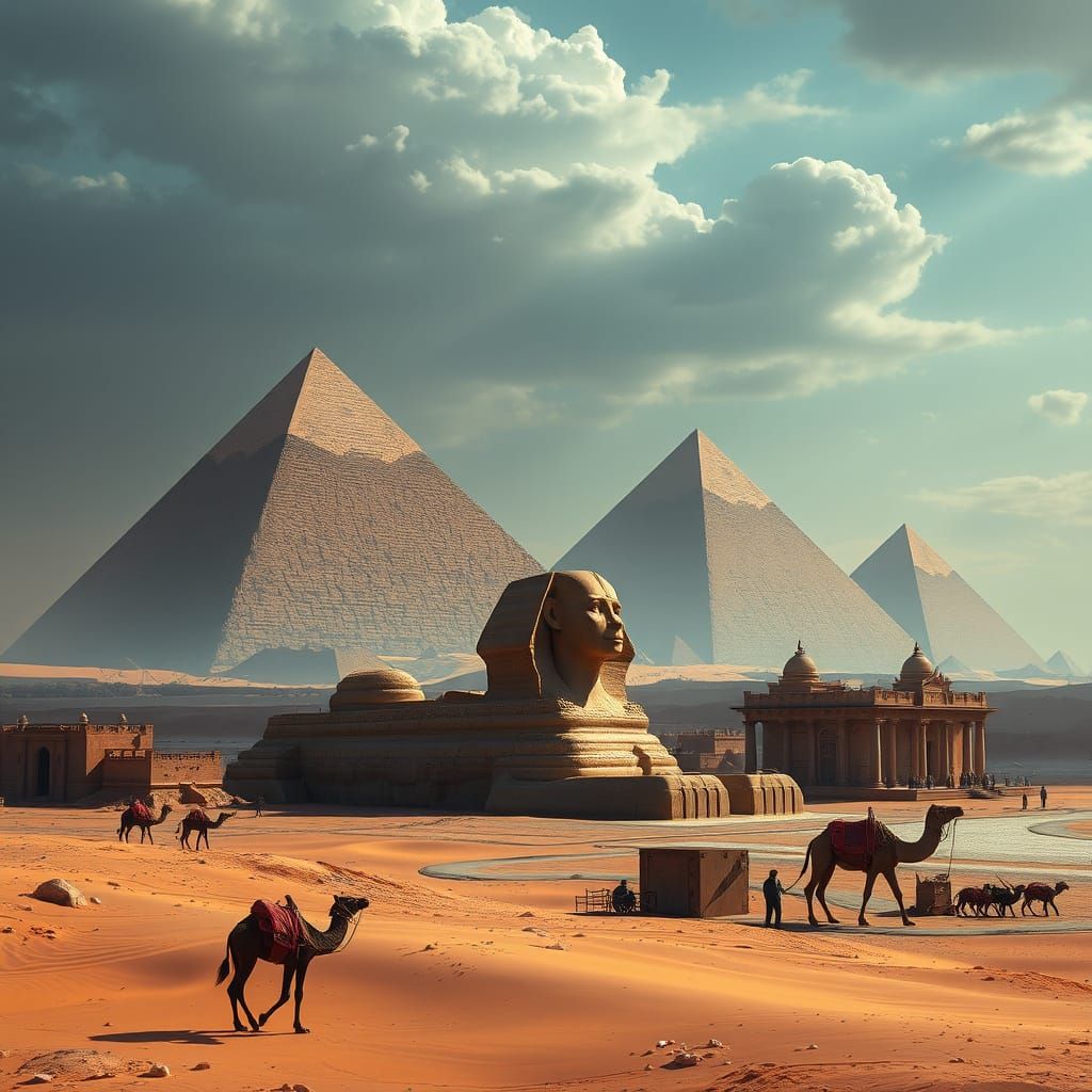 Surreal Desert Pyramids in Vibrant Hyperrealistic Art