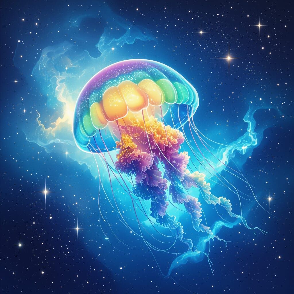 Rainbow Jellyfish in Starry Nebula, Digital Art