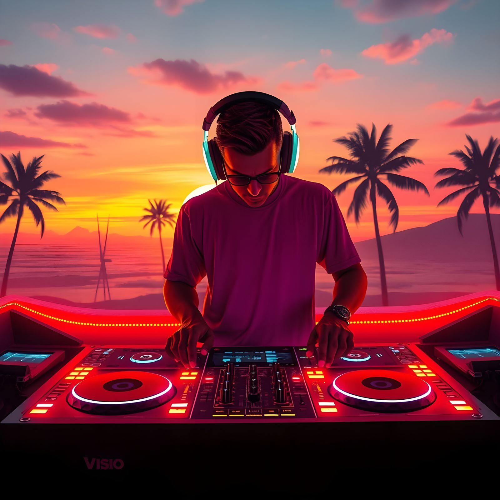 DJ in Sunset Glow with Palm Trees in a Neon-Lit, Sci-Fi Insp...