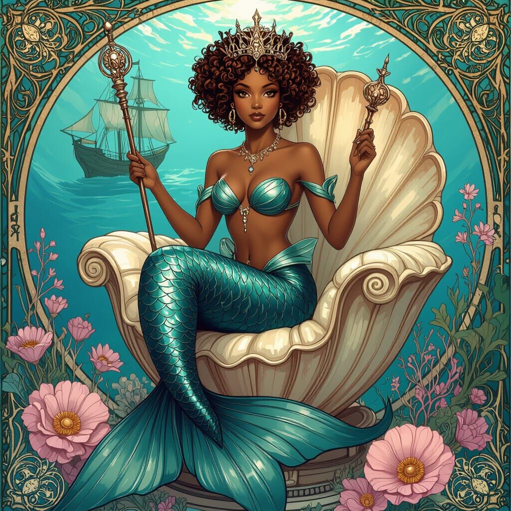 Black Mermaid with Metallic Tail, Art Nouveau Style